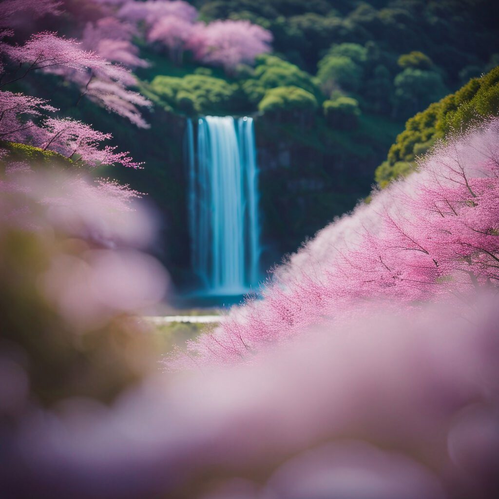Image placeholder: Captivating view of the Fukuroda Falls and the vivid blossoms of Hitachi Seaside Park.